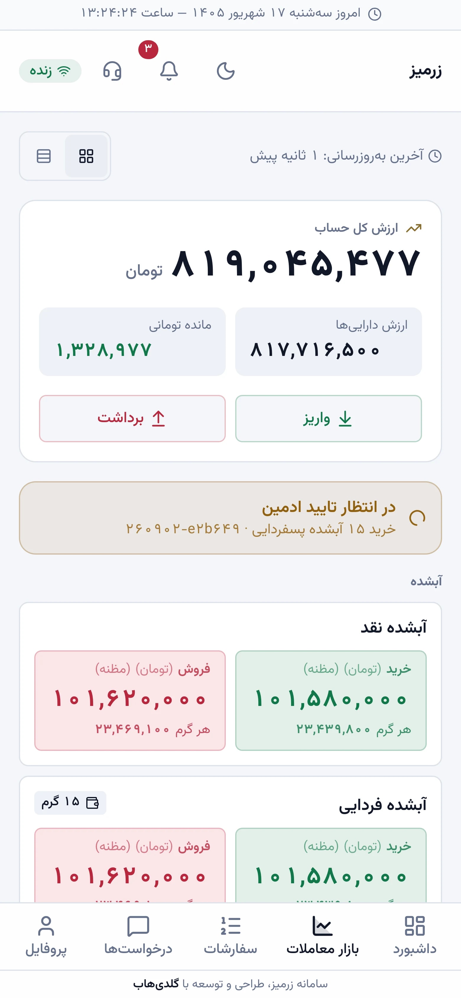 صفحه‌ی بازار در اپلیکیشن مشتری زرمیز