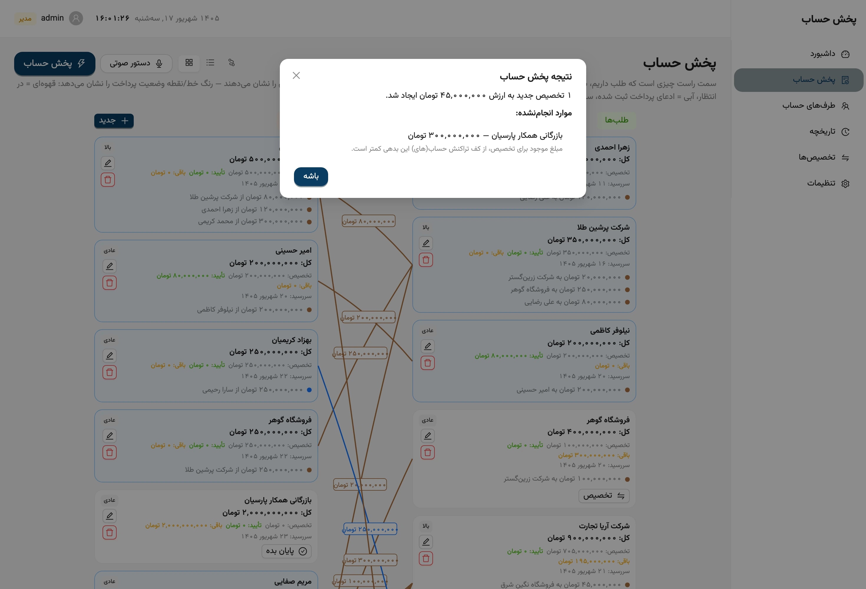 نتیجهی پخش خودکار حساب در سامانه شب حساب